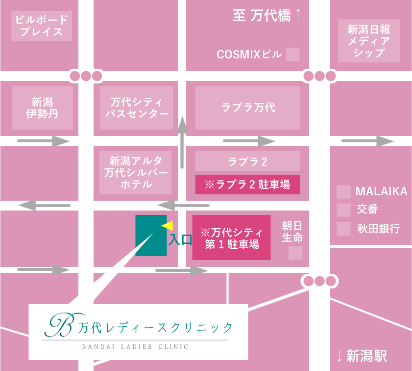 周辺地図：コープ野村万代2F。万代シティ第1駐車場・ラブラ2駐車場が提携駐車場